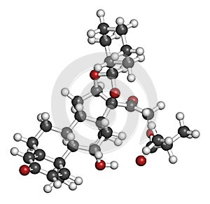 Ciclesonide glucocorticoid drug molecule. 3D rendering. Atoms are represented as spheres with conventional color coding: hydrogen