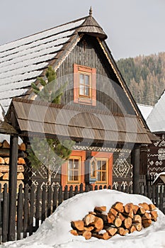 Cicmany, Slovakia. Old wooden houses in Slovakia village Cicmany in winter. The ornaments from Cicmany, and the Slovak folk patter