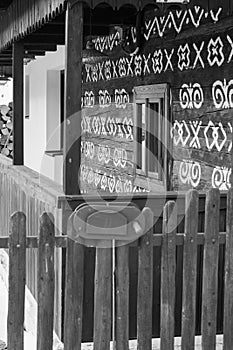 Cicmany, Slovakia. Old wooden houses in Slovakia village Cicmany in winter. The ornaments from Cicmany, and the Slovak folk patter