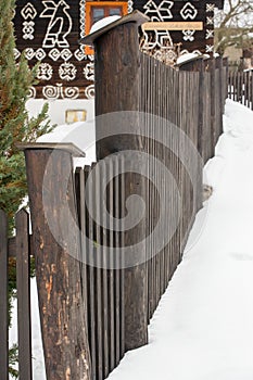 Cicmany, Slovakia. Old wooden houses in Slovakia village Cicmany in winter. The ornaments from Cicmany, and the Slovak folk patter