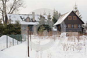 Cicmany, Slovakia. Old wooden houses in Slovakia village Cicmany in winter. The ornaments from Cicmany, and the Slovak folk patter