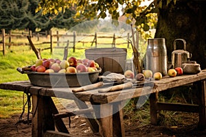cider making tools, apples, and outdoor picnic table setting