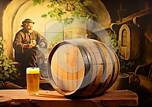 cider production in antiquity. Fat monks with a glass of cider in their hands among oak barrels, with apples in the background