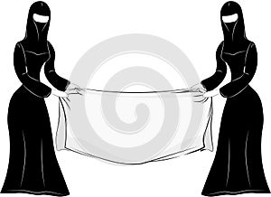 Cidrat eastern Muslim woman in national dress - Chadra, Hijab, burqa, Nikab. With an empty streamer on an isolated background.