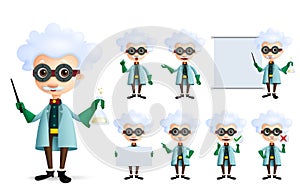 Cientist character vector set. Genius chemist professor teaching and experimenting