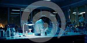 cientist making chemistry experiments in a lab on a research space installation on the moon