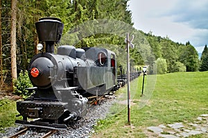 Ciernohronska Railway in village Cierny Balog, Slovakia. Locomotive on the train station in Cierny Balog.