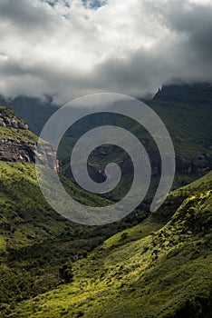 Ciffs and mountain sides on the Tugela Falls hike on the Amphitheatre mountain in the Royal Natal National Park, Drakensberg,