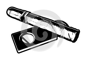 Cigar and Cigar Cutter Realistic Black and White Cartoon Vector Graphic Illustration