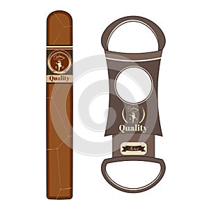 Cigar and cigar cutter vector flat illustration