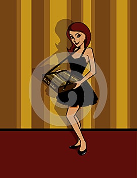 Cigar Girl in Black Dress Retro Cartoon Vector Illustration with Striped Background