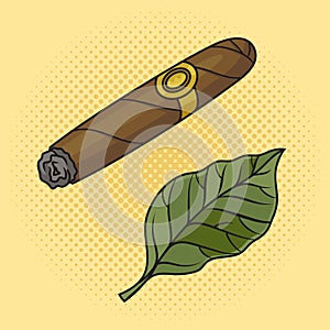 Cigar and tobacco leaf pop art raster illustration