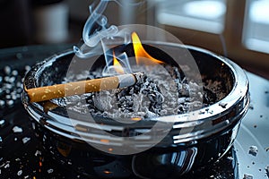 A cigarette is burning in an ashtray