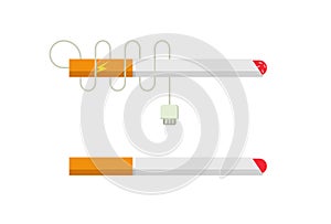 Cigarette flat vector isolated and e cigaret vape abstract icon closeup cartoon illustration, eclectic ecig and paper cig on white