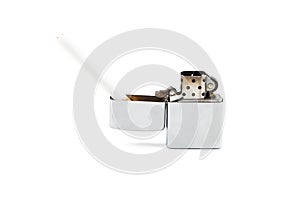 Cigarette and lighter on white background