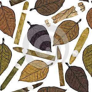 Cigars of different shapes and colors with tobacco leaf