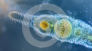 A ciliate protozoa engulfs a small particle of food with its oral groove seen in closeup detail under the microscope. .