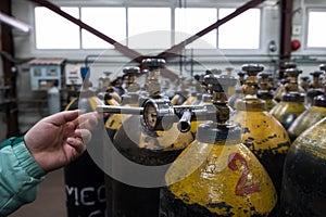 Cilinder with mixed gases. Tanks with compressed gas for industry. Liquefied oxygen production. Factory.