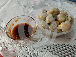 Cilok sayur was Made by tapioca, water, sweetcorn, and string Bean. The sause was Made from Chili,palm sugar tamarin and water