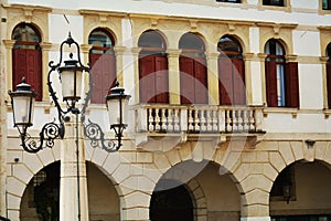 Cima Square, details, sculpture, detail and trees, in Conegliano Veneto, Treviso, Italy