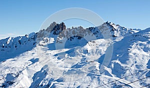 Cime Caron val thorens gondola cabin view sunset snowy mountain landscape France alpes