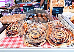 Cinamon and raisin rolls cake in bakery shop