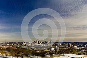 Cincinnati, Ohio seen after a light snow from Devou Park, Kentucky