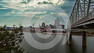 Cincinnati ohio skyline across the Ohio River from Newport kentucky from the Ohio River bridge