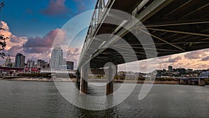 Cincinnati ohio skyline across the Ohio River from Newport kentucky from under the Ohio River bridge