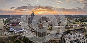 Cincinnati, Ohio transportation infrastructure. View from above of American big freeway intersection at sunset with fast