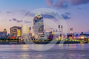 The Cincinnati skyline and Ohio River at night, seen from Covington, Kentucky