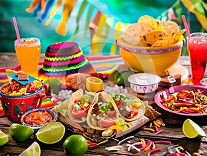 Cinco de Mayo background with tacos, cocktails, cactus, hat and guitar