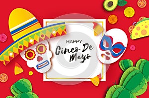 Cinco De Mayo Banner. Mexican skull with sombrero hat and luchador mask in paper cut style. Nachos, Tacos. Fan. Red