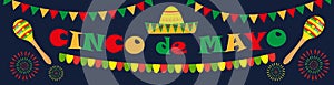 Cinco de Mayo banner. Mexican template for your design with sambrero, maracas. Vector illustration photo