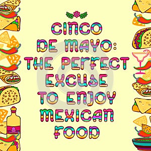 Cinco de Mayo. Bright letters and Mexican food. Vector illustration.