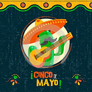 Cinco de mayo card of fun mexican mariachi cactus