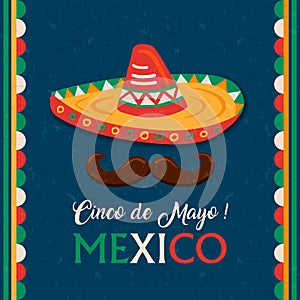 Cinco de Mayo card of mexican mariachi man hat