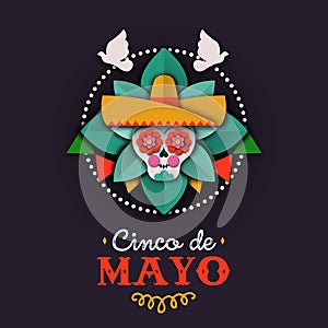 Cinco de Mayo card of papercut skull mariachi