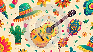 Cinco de mayo celebration banner. Guitar, sombrero and dancing cactus