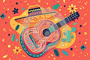 Cinco de mayo celebration banner. Guitar and sombrero. Horizontal flat illustration 3:2