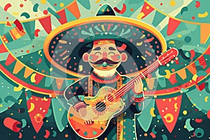 Cinco de mayo celebration banner. Mexican man in sombrero hat playing guitar. Horizontal flat illustration 3:2