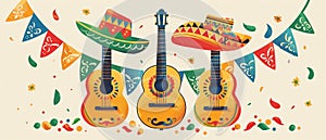 Cinco de mayo celebration banner. Three guitars in sombrero hats. Horizontal flat illustration 7:3