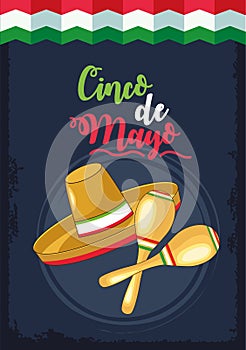 Cinco de mayo celebration with mariachi hat and maracas