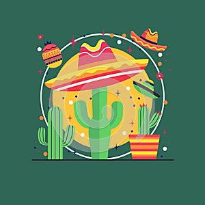 Cinco De Mayo Celebration in Mexico with Cowboy Hat Cactus on Green Background