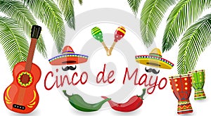 Cinco de Mayo celebration. Tropical palm leaves, guitar, maracas, drums, sombrero, peppers. illustration