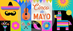 Cinco de Mayo colorful fun design. Mexican fiesta concept. Banner, poster in modern geometric style. Vector illustration