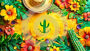 Cinco De Mayo concept with a cactus and a sombrero. Mexican holiday traditions, colors mexican flag