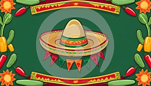 Cinco de Mayo concept sombrero at the top surrounded by cacti maracas chili peppers