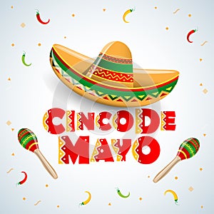 Cinco de Mayo emblem design with lettering, sombrero and maracas - symbols of holiday. Isolated Vector illustration. photo