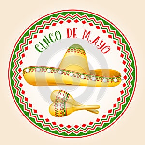 Cinco de Mayo emblem - mexican sombrero and maracas